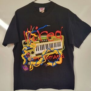 Vintage 90s Wired For Sound Touch Tone Keyboard Shirt MED Wild Oats Black Tee